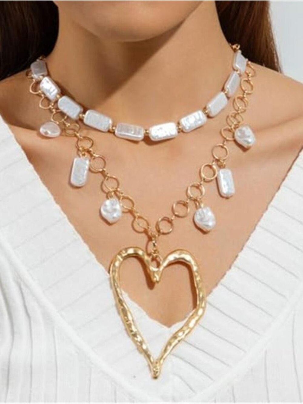 Gold Heart Layered Choker Necklace Pearl Chains Y2K Statement
